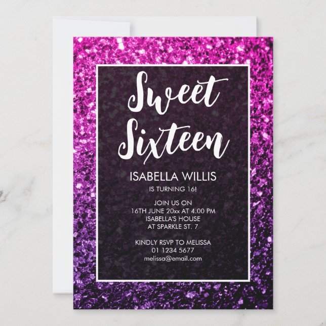 Purple Pink Ombre sparkles Sweet 16 elegant script Invitation (Front)