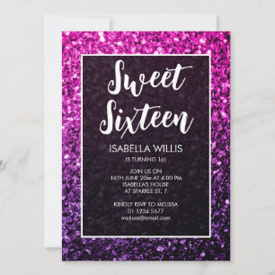 Purple Pink Ombre sparkles Sweet 16 elegant script Invitation