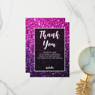Purple pink ombre sparkles Sweet 16 elegant script Thank You Card