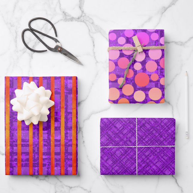Purple, Pink, Orange, Stripes, Plaid, Polka Dots Wrapping Paper Sheet (Front)