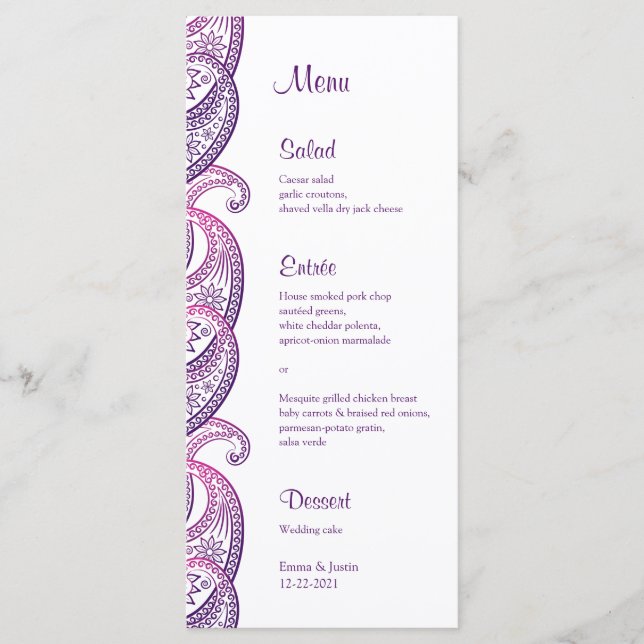 Purple & Pink Paisley Indian Wedding Rackcard Menu (Front)
