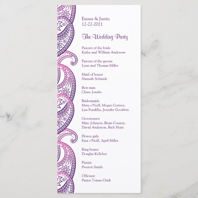 Purple & Pink Paisley Indian Wedding Rackcard Programme (Front)