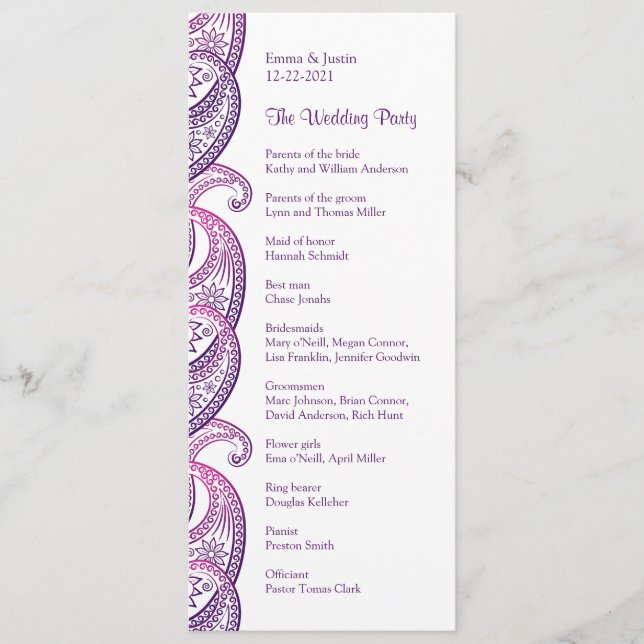 Purple & Pink Paisley Traditional Indian Wedding Programme (Front)