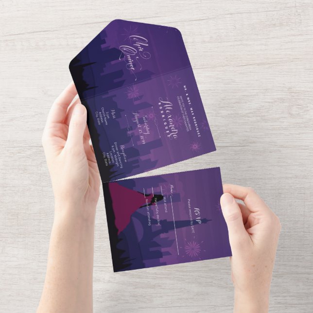 Purple Pink Paris Fireworks Quinceañera All In One Invitation (Tearaway)