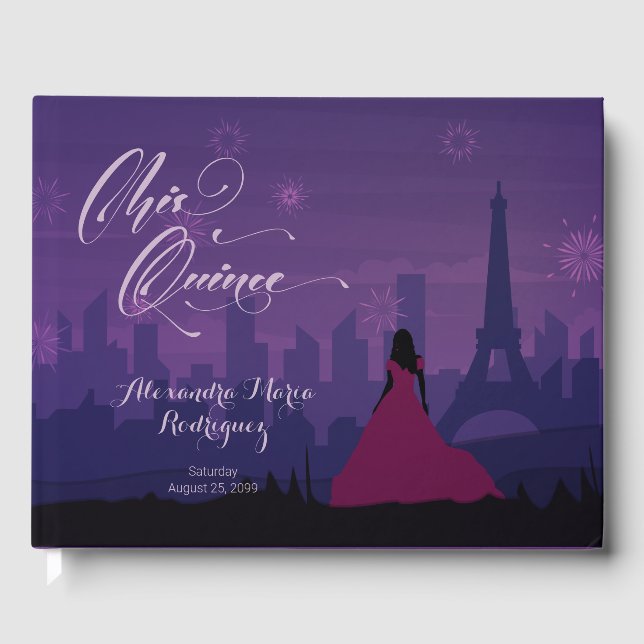 Purple Pink Paris Fireworks Quinceañera Guest Book (Front)