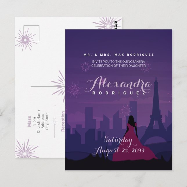 Purple Pink Paris Fireworks Quinceañera Postcard (Front/Back)