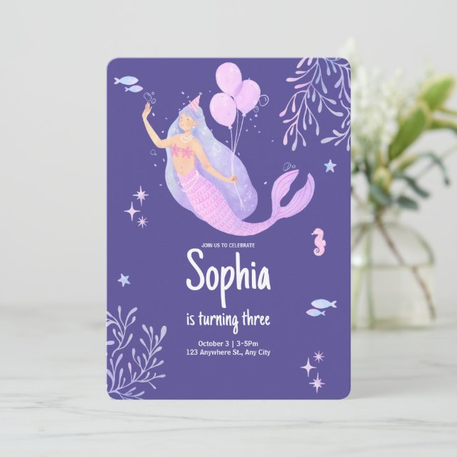 Purple Pink Pastel Mermaid Birthday Invitation (Standing Front)