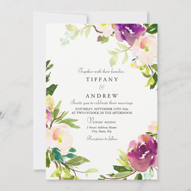 Purple Pink Peach Floral Watercolor Wedding Invite (Front)