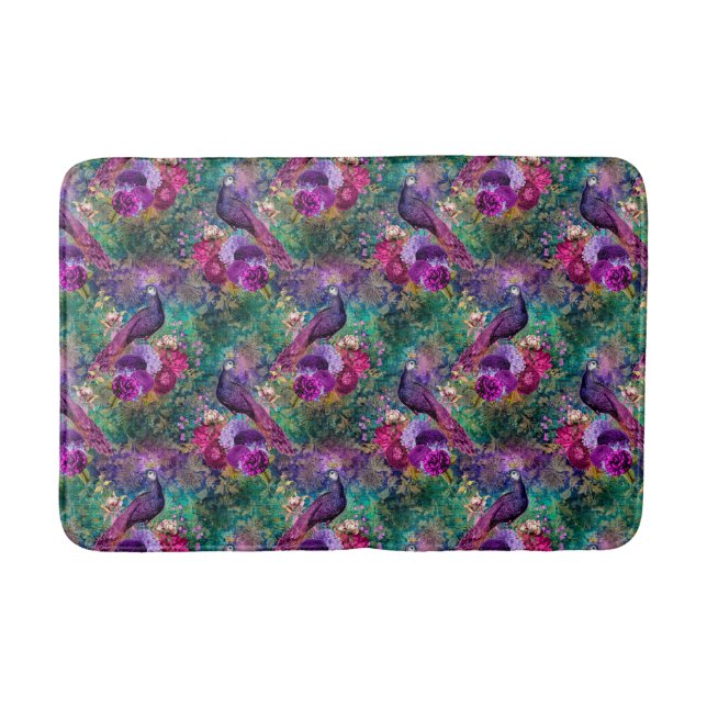 Purple Pink Peacock Floral Bath Mat (Front)