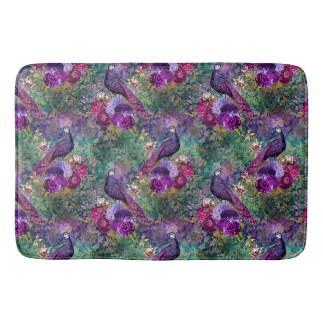 Purple Pink Peacock Floral Bath Mat (Front)