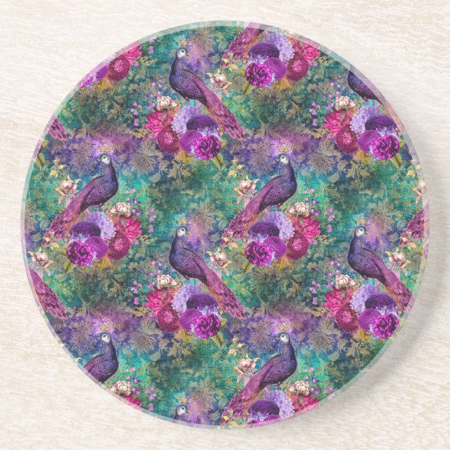 Purple Pink Peacock Floral Coaster (Front)