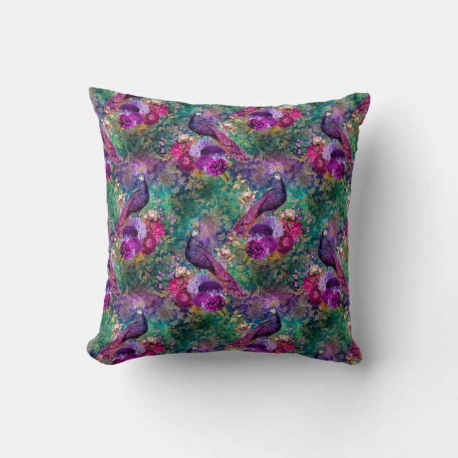 Purple Pink Peacock Floral Cushion (Front)