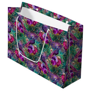 Purple Pink Peacock Floral Large Gift Bag