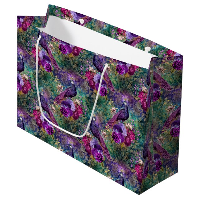 Purple Pink Peacock Floral Large Gift Bag (Front Angled)