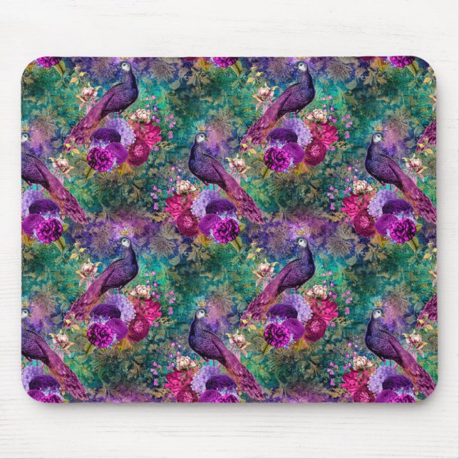 Purple Pink Peacock Floral Mouse Mat (Front)