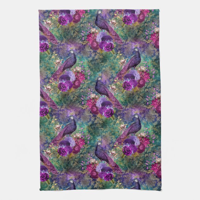 Purple Pink Peacock Floral Tea Towel (Vertical)
