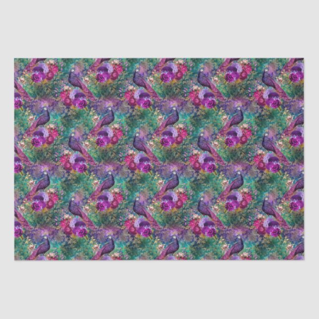 Purple Pink Peacock Floral Tissue Paper (Front)