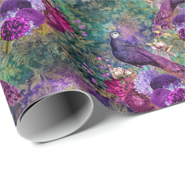 Purple Pink Peacock Floral Wrapping Paper (Roll Corner)