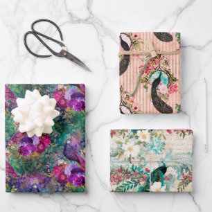 Purple Pink Peacock Floral Wrapping Paper Sheet