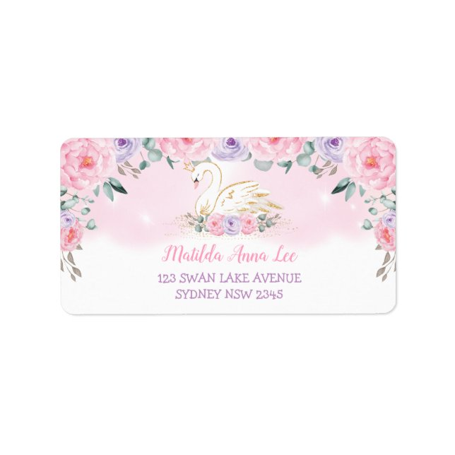 Purple Pink Peonies Swan Princess Return Address Label (Front)