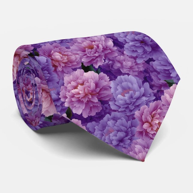 Purple Pink Peony Floral Pattern Tie (Rolled)