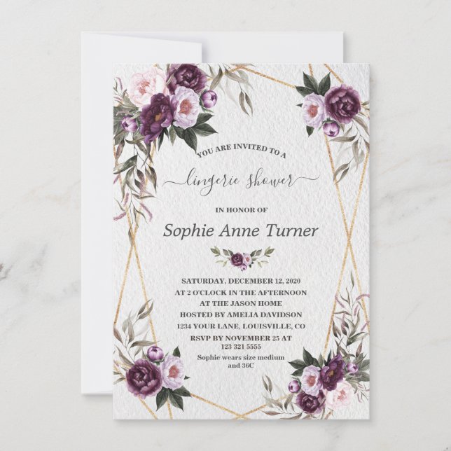 Purple Pink Peony Flowers Gold Lingerie Shower Invitation (Front)
