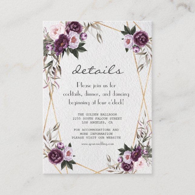 Purple Pink Peony Flowers Gold Wedding Details Enclosure Card (Front)