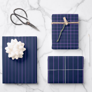 Purple Pink Pinstripes on Navy Wrapping Paper Sheet