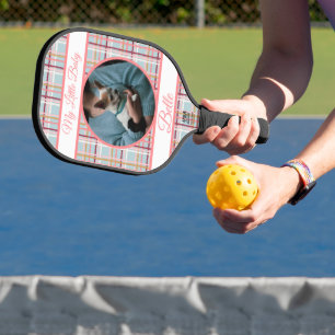 Purple Pink Plaid & banners with name/phrase Pickleball Paddle