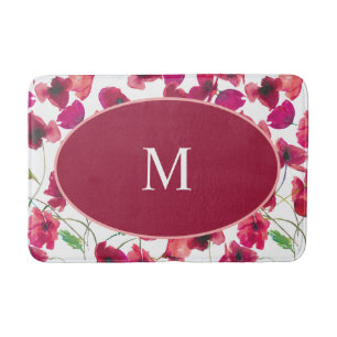 Purple Pink Poppies Frame Monogram Bath Mat