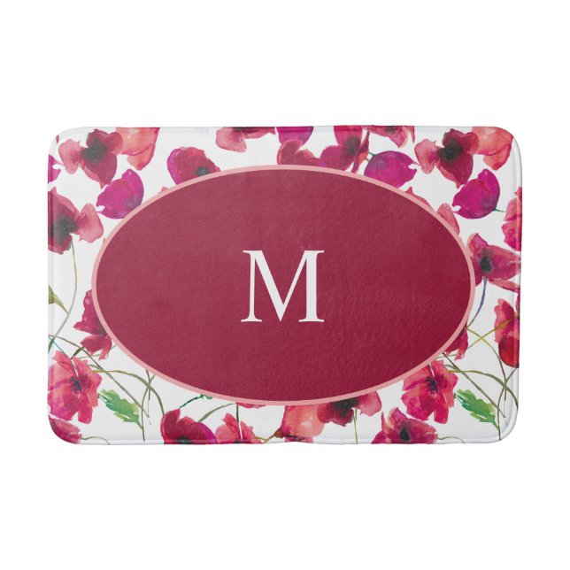 Purple Pink Poppies Frame Monogram Bath Mat (Front)