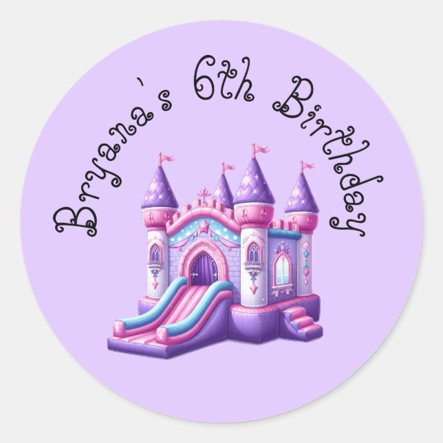 Purple Pink Princess Castle Bounce House Party Classic Round Sticker (Front)