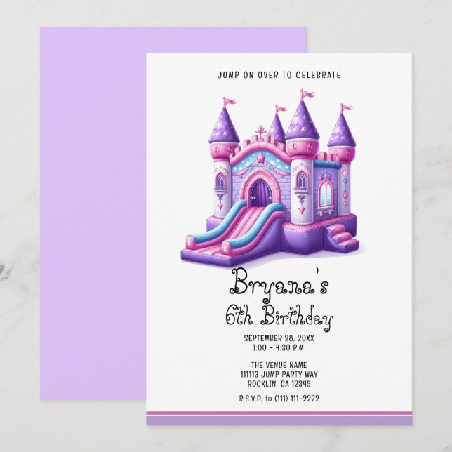 Purple Pink Princess Castle Bounce House Party Invitation (Front/Back)