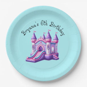 Purple Pink Princess Castle Bounce House Party Paper Plate