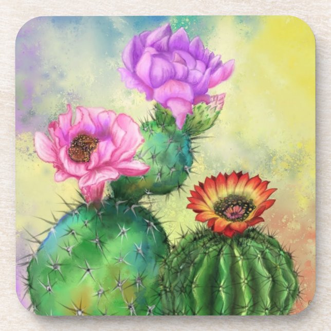 Purple Pink Red Cactus Flowers Coaster Painting (Front)