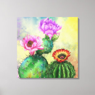 Purple Pink Red Cactus Flowers Migned Painting Art Canvas Print