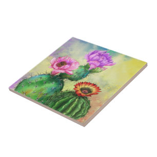 Purple Pink Red Cactus Flowers Migned Painting Art Tile