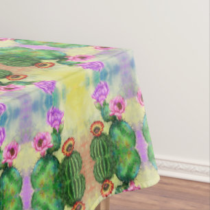 Purple Pink Red Cactus Flowers Migned Painting Tablecloth
