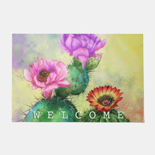 Purple Pink Red Cactus Flowers Welcome Doormat (Front)