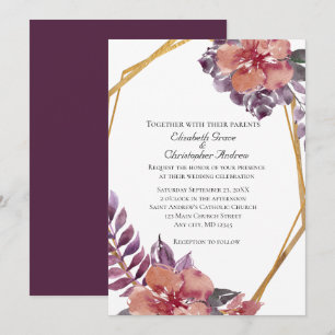 Purple Pink Red Flora Watercolor Gold Wedding Invitation