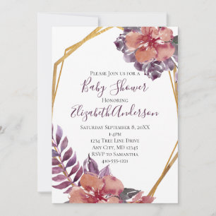 Purple Pink Red Floral Gold Frame Baby Shower Invitation