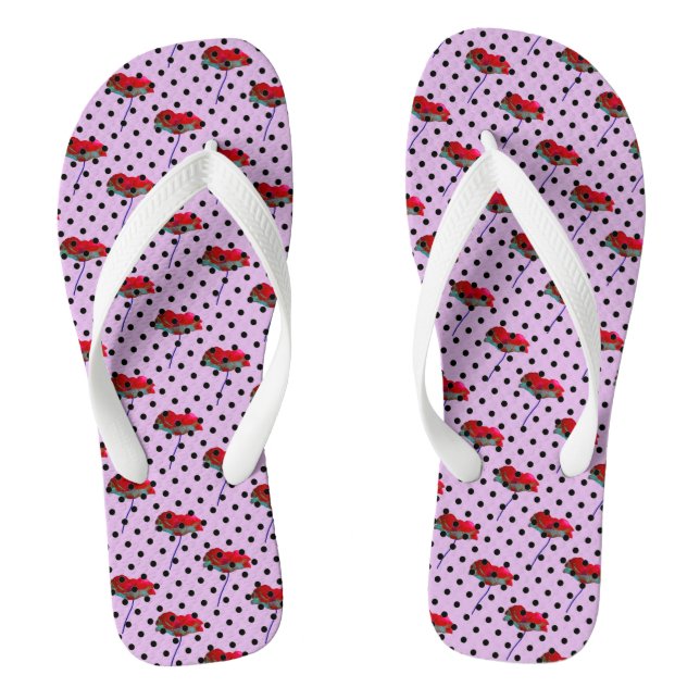 Purple pink red flower and black polka dots flip flops (Footbed)