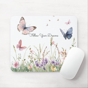 Purple Pink Red Flowers Butterflies Mouse Mat