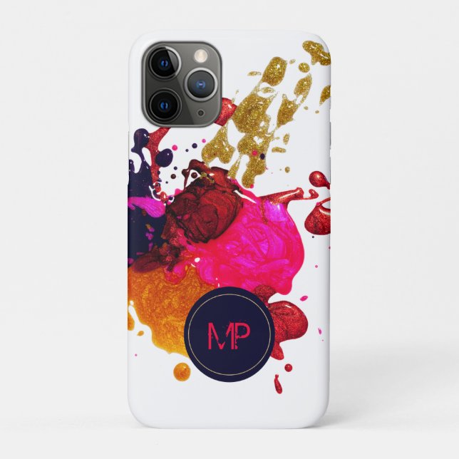 Purple Pink Red Gold Nailpolish Splatter Monogram Case-Mate iPhone Case (Back)