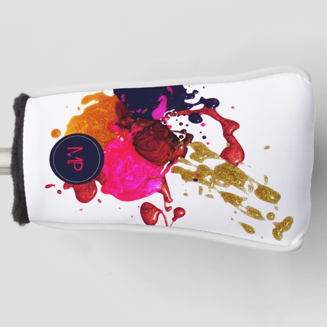 Purple Pink Red Gold Nailpolish Splatter Monogram  Golf Head Cover (Front)
