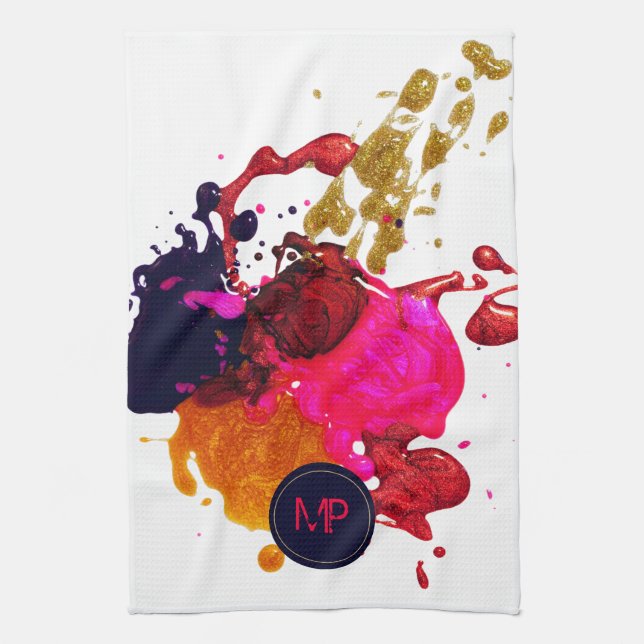 Purple Pink Red Gold Paint Splatter Monogram Tea Towel (Vertical)