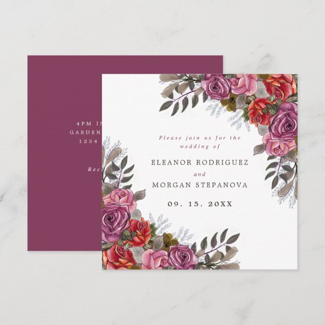 Purple pink red rose bouquet wedding invitation (Front/Back)