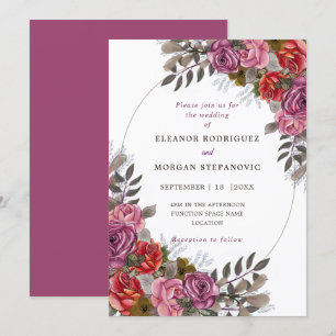 Purple pink red rose wedding invitation