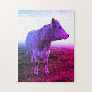 Purple Pink Retro Pop Art Style Cow Jigsaw Puzzle