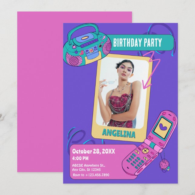 Purple pink retro y2k photo birthday invitation (Front/Back)